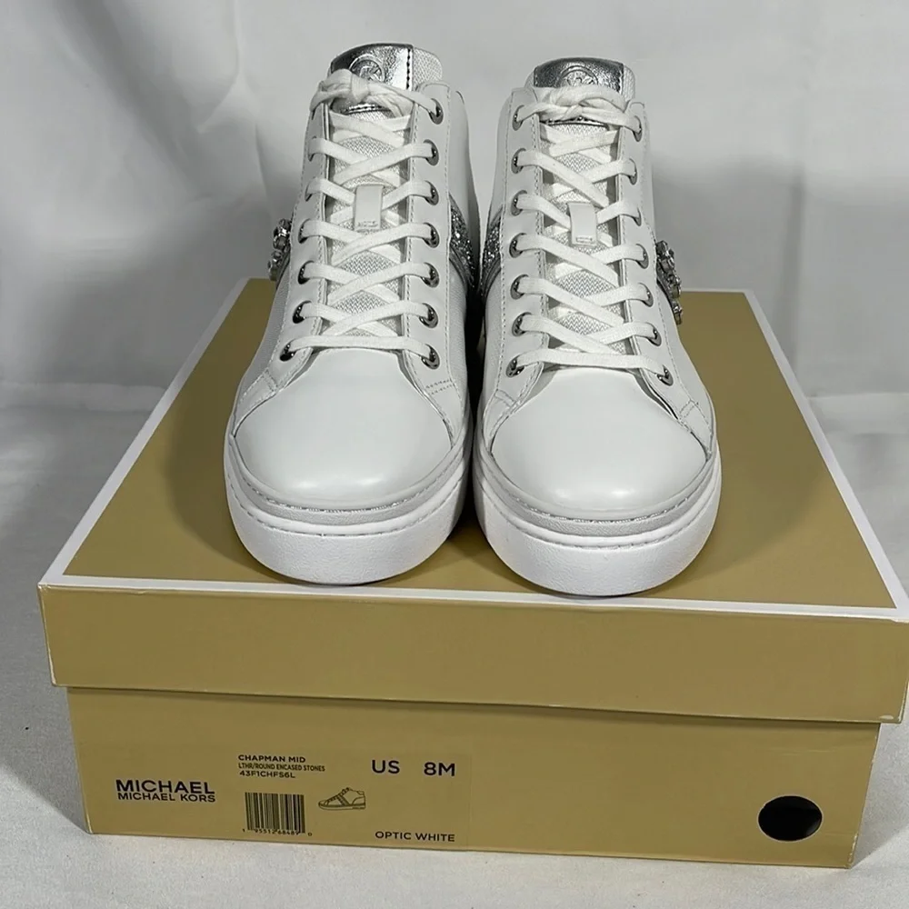 Michel Kors Chapman Mid Optic White Leather/Round Encased Stones Size 8M - Picture 2 of 11